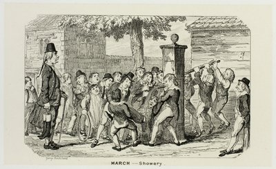 März - Regnerisch aus George Cruikshanks Stahlradierungen zu The Comic Almanacks: 1835-1853 von George Cruikshank