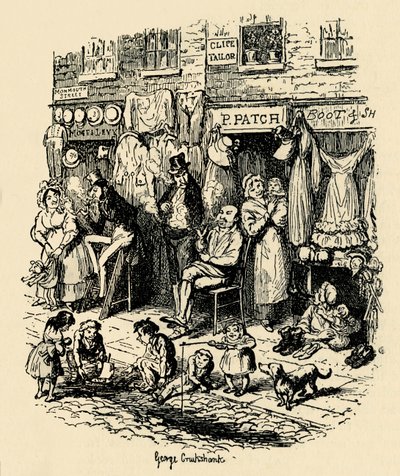 Monmouth Street, Soho, eine Illustration von G. Cruikshank für Dickens Sketches by Boz, 1938 von George Cruikshank