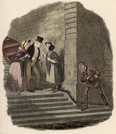 Noe Claypole spioniert das geheime Treffen zwischen Mr. Brownlow, Rose Maylie und Nancy aus - Illustration für „Oliver Twist“ von Charles Dickens, von George Cruikshank von George Cruikshank