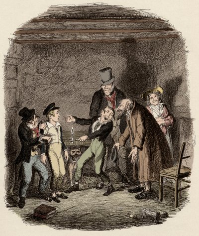 Oliver Twist wird von alten Fagin und seiner Bande empfangen - Oliver wird von Fagin und den Jungen empfangen - Illustration für „Oliver Twist“ (Die Abenteuer von Oliver Twist) von Charles Dickens (1812-1870), von George Cruikshank (1792-1878). von George Cruikshank