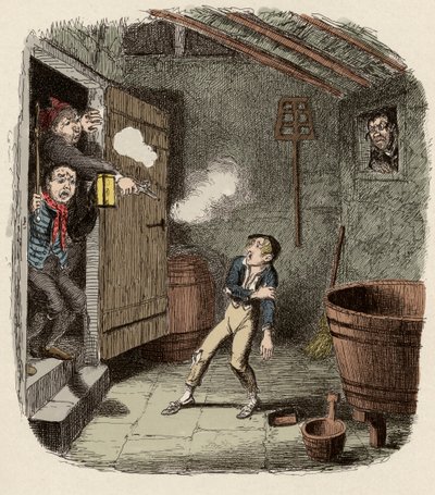 Oliver überrascht und verwundet beim Einbruchsversuch - Der Einbruch - Illustration für „Oliver Twist“ (Olivier) (Die Abenteuer von Oliver Twist) von Charles Dickens (1812-1870), von George Cruikshank (1792-1878) von George Cruikshank