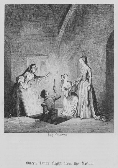 Königin Janes Flucht aus dem Turm (Gravur) von George Cruikshank