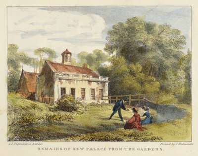 Überreste des Kew Palace aus den Gärten, Tafel 6 aus Kew Gardens: Eine Serie von vierundzwanzig Zeichnungen auf Stein, graviert von Charles Hullmandel, veröffentlicht 1820 von George Ernest after Papendiek
