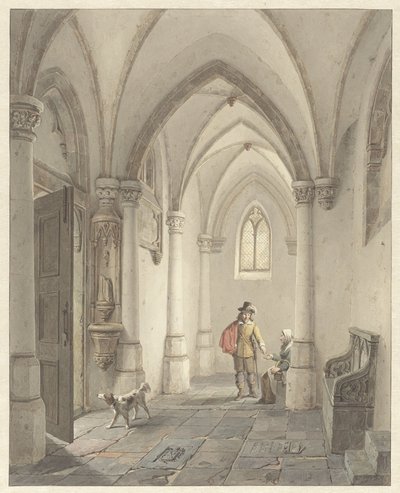 Kircheninterieur mit einem Mann, der einer Bettlerin ein Almosen gibt von George Gillis Haanen