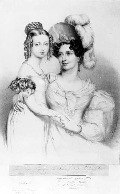 Königin Victoria und ihre Mutter Prinzessin Victoria, Herzogin von Kent und Strathearn, graviert von Richard James Lane, 1834 von George Hayter