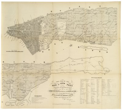 Diese Karte der Stadt New York und der Insel Manhattan, wie sie von den Kommissaren festgelegt wurde, 1853 von George Hayward