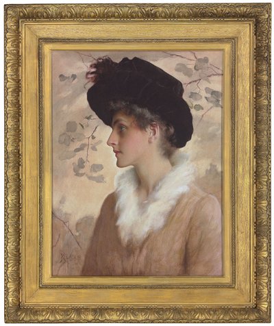Porträt einer Dame, Halbfigur, mit schwarzem Hut und Pelzstola, 1888 von George Henry Boughton