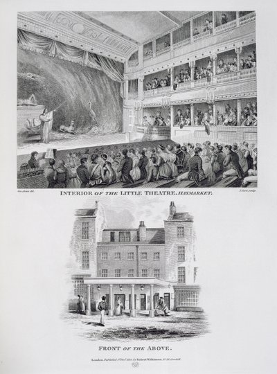 Innenraum des Little Theatre, Haymarket in London und die Front des Obigen, graviert von James Stow, 1815 von George Jones
