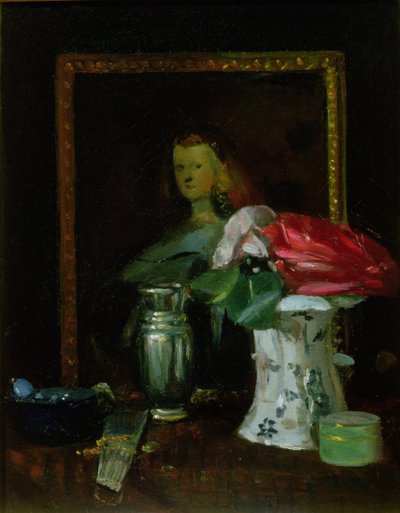 Stillleben mit Rosen, Porträt, Vase und Fächer von George Leslie Hunter