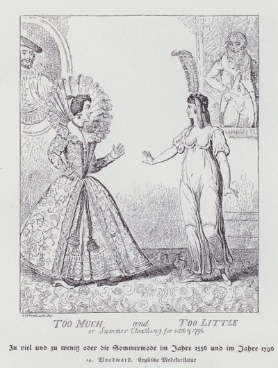 Zu viel und zu wenig, Sommerkleidung für 1556 und 1796 (Lithografie) von George Moutard (after) Woodward