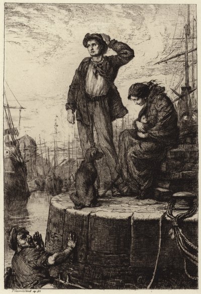 Eine junge Auswandererfamilie wartet an den Docks von George Percy Jacomb Hood