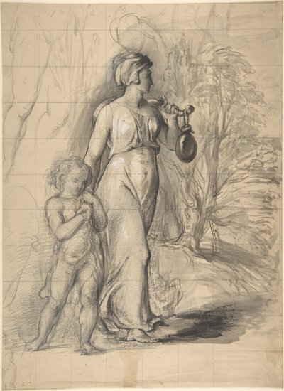 Hagar und Ismael in der Wüste (recto); Zwei Porträtstudien der Frau des Künstlers und eine Studie eines Beins und Torsos (verso) von George Richmond