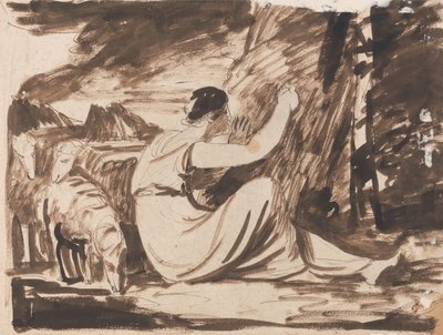 Hirtin, die eine Inschrift in einen Baum schneidet von George Romney