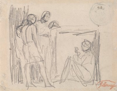 Drei stehende Figuren vor einer sitzenden Figur von George Romney