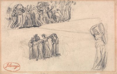 Zwei Skizzen von Frauen und Kindern auf der Flucht und stehende weibliche Figur, die Tamburin spielt, wie für Lady Anne Leveson in "Tanzende Gower-Kinder" von George Romney