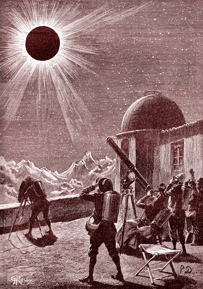 Entdecker in der afrikanischen Wüste betrachten die Sonnenfinsternis. 1888 (Stich) von George Roux
