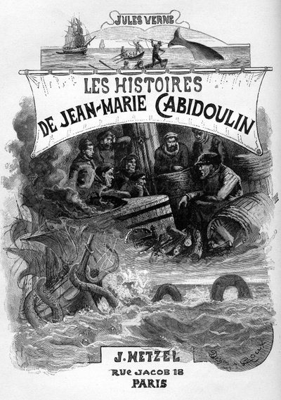 Frontispiz von Jules Vernes Roman „Les histoires de Jean-Marie Cabidoulin“ (1901), Hetzel-Sammlung/Extraordinaires, Illustration von George Roux. „Evokation von Meereszenen: Harpunierung eines Wals, Angriff eines Schiffes durch eine Seeschlange“ von George Roux