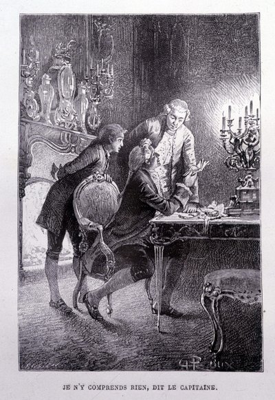 Junger Jim Hawkins, Chevalier Trelawnay und Doktor Livesey versöhnen sich in einem Wohnzimmer - in Die Schatzinsel von Stevenson, illustriert von George Roux, ed. Hetzel von George Roux
