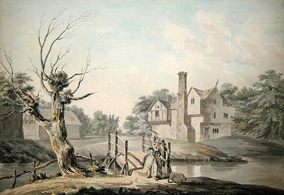 Rustikale Figuren überqueren eine Brücke in der Nähe eines Bauernhauses von George Samuel