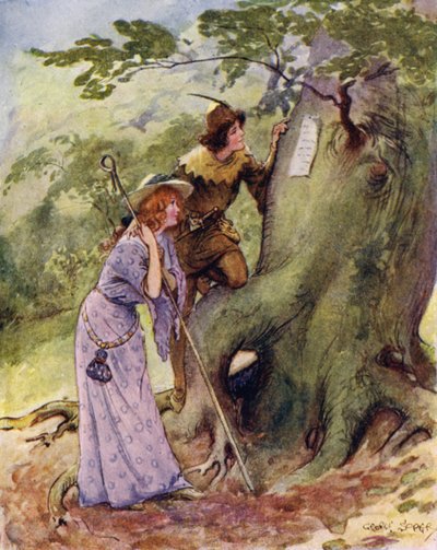 Ganymed und Aliena waren seltsam überrascht, den Namen Rosalind auf den Bäumen eingeritzt zu finden von George Soper