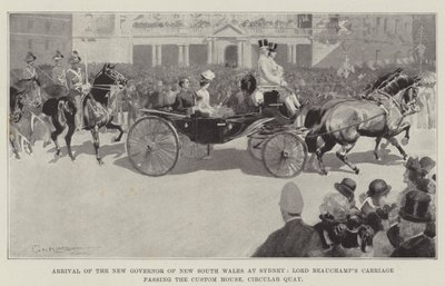 Ankunft des neuen Gouverneurs von New South Wales in Sydney, Lord Beauchamps Kutsche passiert das Zollhaus, Circular Quay von George Washington Lambert