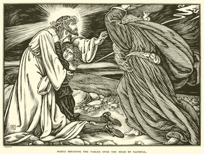 Moses zerbricht die Tafeln über dem Kopf des Gläubigen von George Woolliscroft Rhead
