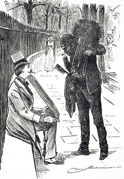 Eine Karikatur, die einen Schornsteinfeger zeigt, der seine Bürsten durch die Straßen Londons trägt. Illustriert von George du Maurier (1834-1896), ein franco-britischer Karikaturist und Autor von George du Maurier