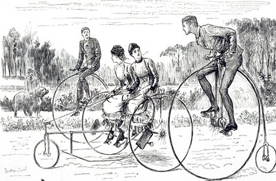 Eine Karikatur, die eine Gruppe junger Leute zeigt, die Dreiräder fahren. Illustriert von George du Maurier (1834-1896), ein franco-britischer Karikaturist und Autor von George du Maurier