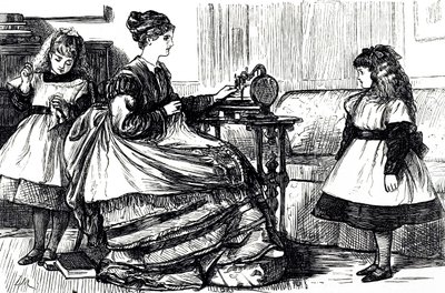 Eine Karikatur, die eine junge Mutter zeigt, die eine Nähmaschine benutzt. Illustriert von George du Maurier (1834-1896), einem franco-britischen Karikaturisten und Autor von George du Maurier