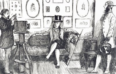 Karikatur, die den Unkomfort kommentiert, den man beim Fotografieren erleidet: Aufgrund der langen Belichtungszeit, die für frühe Prozesse erforderlich war, musste das Motiv lange Zeit eine Pose halten, und es wurden geniale Vorrichtungen entwickelt, um di von George du Maurier