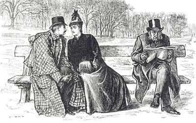 Karikatur, die ein Paar zeigt, das auf einer Parkbank Zärtlichkeiten austauscht, während der Mann neben ihnen missbilligend zusieht von George du Maurier