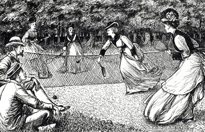 Karikatur, die ein Tennisspiel zeigt von George du Maurier