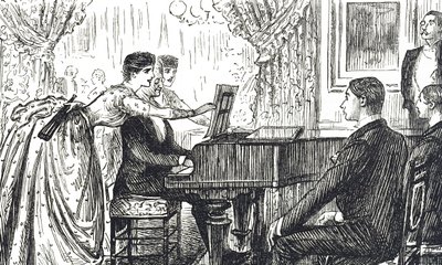 Karikatur, die einen musikalischen Abend zu Hause darstellt von George du Maurier