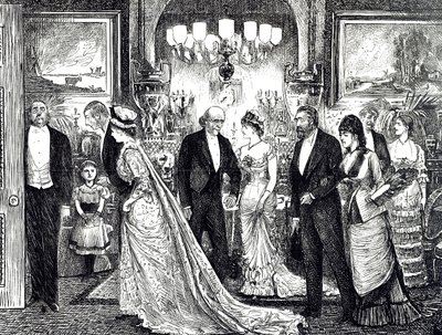 Karikatur, die eine elegante Soirée in einem viktorianischen Haus zeigt von George du Maurier
