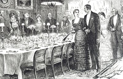 Karikatur mit dem Titel "Zum Abendessen gehen" zeigt ein junges Paar, das einen Speisesaal betritt von George du Maurier