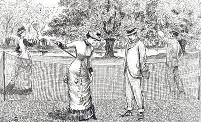 Gravur, die eine Tennisspielerin zeigt, die wegen ihrer neuen Gummischuhe Unbehagen empfindet von George du Maurier