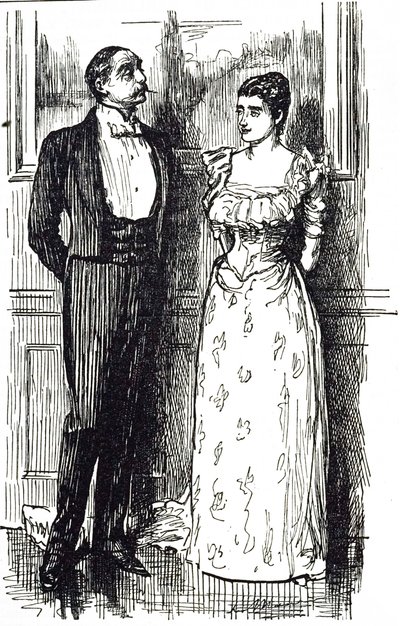 Georges du Maurier Karikatur, die einen Mann und eine Frau im Gespräch bei einer gesellschaftlichen Veranstaltung zeigt, England 1891 von George du Maurier