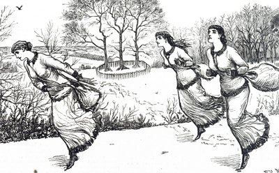 Illustration von Mädchen, die die Spur für den Hasen und die Hunde legen von George du Maurier