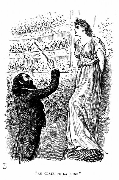 Trilby die Tontaube, die kein C von einem F unterscheiden konnte, gibt ein Konzert unter Svengalis hypnotischem Einfluss. Illustration von George Du Maurier für seinen Roman Trilby, London von George du Maurier