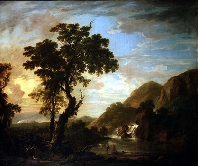 Waldflusslandschaft mit Figuren im Vordergrund und Wasserfall im Hintergrund von George the Younger Barret
