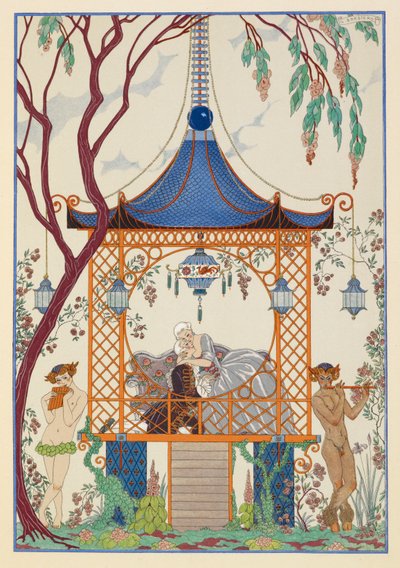 Kythera. Ein Mann und eine Frau in einem Pavillon, die sich umarmen. Mythische Kreaturen draußen, die Flöten spielen. von Georges Barbier