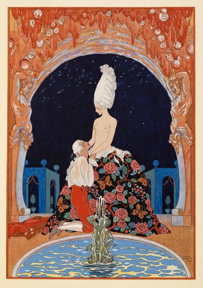 In der Grotte. Ein Mann kniet vor einer halbnackten Frau an einem Brunnen. von Georges Barbier