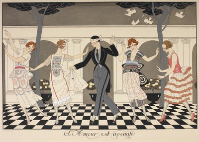 Die Liebe ist blind. Ein blinder Mann tanzt mit vier Frauen von Georges Barbier