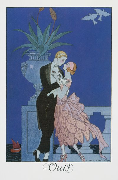 Oui, Zwei junge Verlobte in Abendkleidung, Lithographie von George Barbier (1882-1932), aus Falbalas et Fanfreluches, Almanach des Modes Presentes, Passees et Futures von Georges Barbier