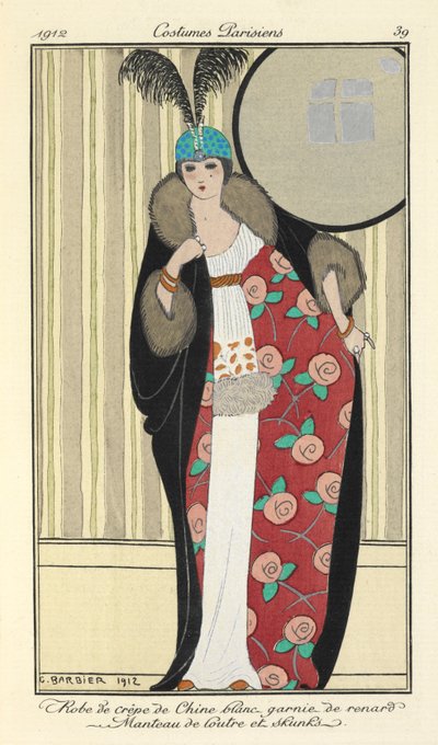 Kleid aus weißem Crêpe de Chine verziert mit Fuchs. Mantel aus Otter und Stinktier von Georges Barbier