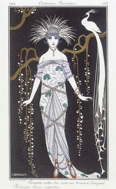 Silberbrokat-Abendkleid und Perücke - Illustration von George Barbier (1882-1932) in „Journal des dames et des modes: Costumes Parisiens“ von Georges Barbier