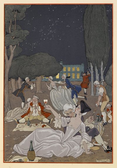 Auf dem Gras. Ein Teil des Geländes eines Hauses. Wein wird getrunken. von Georges Barbier