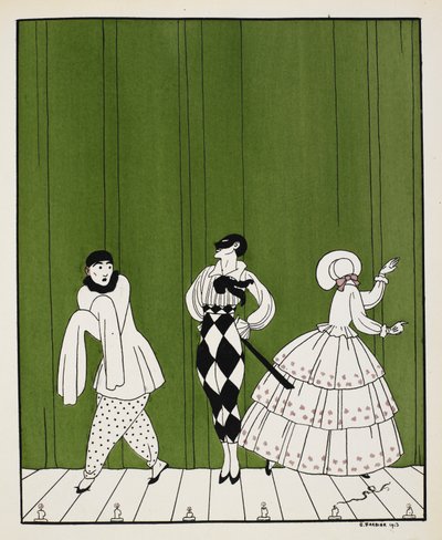 Drei Charaktere aus dem Ballett von 1910, Carnaval, komponiert von Robert Schumann. Links ein Pantomime. In der Mitte ein Mann, gekleidet in ein weißes Hemd mit schwarzer Krawatte und karierten Hosen, mit einer Maske. Rechts eine Frau, die rückwärts schaut von Georges Barbier