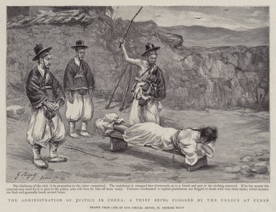 Die Verwaltung der Justiz in Korea, ein Dieb wird von der Polizei in Fusan ausgepeitscht von Georges Ferdinand Bigot