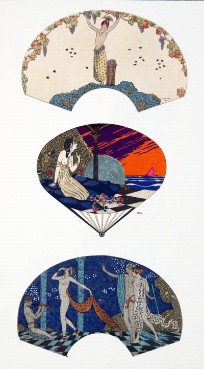 Eventails de Paquin, nach G. Barbier und Paul Iribe. Platte 42, aus Costumes Parisiens veröffentlicht im Journal des Dames et des Modes von Georges and Iribe Paul Barbier
